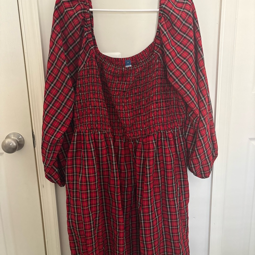 Old Navy Red and Black Bubble Sleeve Plaid Dress